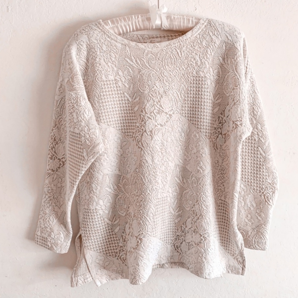 Vintage Cream & Metallic Gold Jacquard Patchwork Baroque Floral Textured Sweater